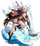  1girl belt bikini boots braid breasts brown_eyes cleavage coat crown_braid female_my_unit_(fire_emblem:_kakusei) fire_emblem fire_emblem:_kakusei fire_emblem_heroes fish full_body gloves highres holding holding_weapon jewelry long_coat long_hair medium_breasts my_unit_(fire_emblem:_kakusei) navel necklace o-ring_bikini octopus official_art one_leg_raised open_mouth polearm smile solo swimsuit transparent_background weapon 