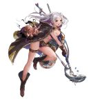  1girl belt bikini boots braid breasts brown_eyes cleavage coat crown_braid female_my_unit_(fire_emblem:_kakusei) fire_emblem fire_emblem:_kakusei fire_emblem_heroes fish full_body gloves highres holding holding_weapon jewelry long_coat long_hair medium_breasts my_unit_(fire_emblem:_kakusei) navel necklace o-ring_bikini octopus official_art one_leg_raised open_mouth smile solo swimsuit transparent_background weapon 