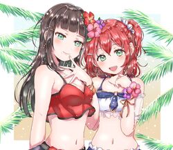  2girls aqua_eyes black_hair blush breasts cleavage eyebrows_visible_through_hair flower hair_flower hair_ornament hairclip kaisou_(0731waka) kurosawa_dia kurosawa_ruby long_hair looking_at_viewer love_live! love_live!_sunshine!! medium_breasts mole mole_under_mouth multiple_girls navel open_mouth redhead short_hair short_twintails smile twintails upper_body 