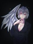  1girl black_background black_shirt braid breasts cleavage dress_shirt feathered_wings kagaribino kishin_sagume large_breasts long_sleeves looking_at_viewer red_eyes shirt short_hair simple_background single_wing solo touhou upper_body white_hair white_wings wing_collar wings 