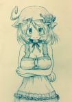  1girl aki_minoriko arinu blush breast_hold breasts cleavage commentary dress highres large_breasts looking_at_viewer monochrome open_mouth short_hair sketch smile solo touhou traditional_media 