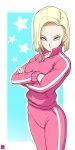  1girl absurdres android_18 blonde_hair blue_eyes breasts chris_re5 closed_mouth crossed_arms dragon_ball dragon_ball_super dragonball_z earrings female highres jacket jewelry long_sleeves looking_at_viewer outline outline_background pants pink_clothes pink_pants pink_track_jacket pink_track_pants pink_track_suit short_hair simple_background smile solo standing star track_and_field track_jacket track_pants track_suit white_background white_outline 