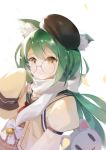  1girl absurdres akashi_(azur_lane) akashi_(welcome_to_azurcon!)_(azur_lane) animal_ears artist_request azur_lane bell black_sailor_collar brown_jacket cat_ears dress green_hair grey_dress highres jacket jingle_bell long_hair looking_at_viewer round_eyewear sailor_collar scarf sleeves_past_fingers sleeves_past_wrists solo sta_bbbbaby tilted_headwear white_scarf yellow_eyes 