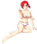  1girl aqua_eyes arm_support bangs bare_arms bare_legs bare_shoulders bikini blush boudica_(fate/grand_order) breasts cleavage collarbone eyebrows_visible_through_hair fate/grand_order fate_(series) fingernails full_body grin hair_between_eyes hand_up head_tilt holding holding_strap large_breasts legs looking_at_viewer nakamura_tenjin navel parted_bangs ponytail redhead shiny shiny_skin short_hair short_ponytail simple_background skindentation smile solo stomach strap_pull strap_slip string_bikini swimsuit toenails white_background white_bikini 