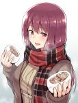  1girl :d bangs baozi blush breasts breath food giving holding holding_food jacket long_hair long_sleeves looking_at_viewer medium_breasts open_clothes open_jacket open_mouth original plaid plaid_scarf purple_hair ribbed_sweater saemon_(tonpura) scarf sharing_food smile solo steam sweater sweater_jacket upper_body violet_eyes 