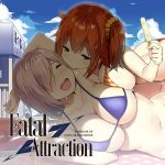  2girls :d ^_^ all_fours arm arm_up armpits ass_visible_through_thighs asymmetrical_docking bare_arms bikini blue_bikini blue_sky blush breast_press breasts brown_eyes butt_crack cleavage closed_eyes clouds cloudy_sky day fate/grand_order fate_(series) female food fujimaru_ritsuka_(female) girl_on_top hair_ornament hair_over_one_eye hair_scrunchie half-closed_eyes hand_up happy highres large_breasts laughing licking looking_at_another lying multiple_girls navel on_side one_side_up open_mouth orange_bikini orange_hair outdoors popsicle round_teeth scrunchie shielder_(fate/grand_order) short_hair sky sky_(freedom) smile striped striped_bikini sweat swimsuit teeth thigh_gap tongue tongue_out type-moon yuri 