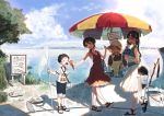  1boy 3girls ahoge backpack bag black_hair blush braid brown_hair bucket bukimi_isan butterfly_net chair closed_eyes clouds dress fan folding_chair food glasses green_eyes hand_net handbag ice_cream idolmaster idolmaster_million_live! kinoshita_hinata long_hair multiple_girls old_woman open_mouth outdoors paper_fan parasol sandals shadow shoes short_hair signpost skirt sky smile sneakers sunlight takayama_sayoko tongue tongue_out tree twin_braids uchiwa umbrella water 