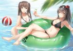  2girls absurdres ball barefoot beachball black_hair blush breasts brown_hair character_request cleavage collarbone copyright_request cup drinking_glass drinking_straw eyebrows_visible_through_hair feet highres holding_glass innertube large_breasts legs_crossed long_hair looking_at_viewer multiple_girls navel open_mouth partially_submerged pink_eyes ponytail sitting smile taira_(pixiv9613131) toes twintails water yellow_eyes 