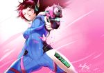  1girl acronym aiming_at_viewer animal_print artist_name bangs blue_bodysuit bodysuit breasts brown_eyes brown_hair charm_(object) clothes_writing cowboy_shot crotch d.va_(overwatch) facial_mark finger_on_trigger foreshortening from_below gloves gun handgun headphones high_collar holding holding_gun holding_weapon legs_apart long_hair looking_at_viewer looking_down medium_breasts one_eye_closed overwatch pilot_suit pink_background pistol ribbed_bodysuit shoulder_pads signature skin_tight solo swept_bangs vibratix weapon whisker_markings white_gloves wind 