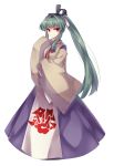  1girl full_body green_hair hair_intakes hichou highres japanese_clothes kimono long_hair looking_at_viewer mystical_power_plant original ponytail red_eyes sidelocks smile solo suitokuin_tenmu touhou white_background 