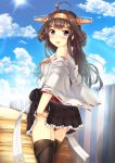  10s 1girl ahoge boots brown_hair clouds cloudy_sky detached_sleeves double_bun hairband highres kantai_collection kongou_(kantai_collection) light_blush long_hair looking_at_viewer looking_back nontraditional_miko pleated_skirt remodel_(kantai_collection) rock.fc skirt skirt_lift sky smile solo stairs thigh-highs thigh_boots violet_eyes 