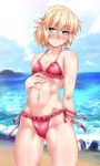  1girl :&lt; alternate_costume bangs bare_arms bare_shoulders beach bikini blonde_hair blush breasts closed_mouth collarbone cowboy_shot day eyebrows_visible_through_hair frilled_bikini frills gluteal_fold green_eyes halter_top halterneck looking_at_viewer mizuhashi_parsee navel nose_blush ocean ootsuki_wataru outdoors pointy_ears red_bikini short_hair small_breasts solo stomach swimsuit touhou 