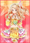  1girl 2017 aikatsu! aikatsu_stars! blonde_hair bracelet character_name earrings english feathers fringe headband highlights jewelry kasumi_mahiru multicolored multicolored_eyes multicolored_hair navel necklace orange_eyes pearl_bracelet popoin shirt skirt wavy_hair yellow_shirt yellow_skirt 