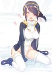  1girl black_boots black_hair boots brown_eyes covered_navel emperor_penguin_(kemono_friends) hair_over_one_eye headphones heavy_breathing highleg highleg_leotard hood hoodie jacket kemono_friends leotard long_hair looking_at_viewer multicolored_hair open_clothes open_mouth sitting solo subachi thigh-highs wariza white_legwear white_leotard 