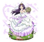  1girl ;d ahoge bouquet bridal_veil brown_eyes choker detached_sleeves diadem dress floating_hair flower full_body gloves holding holding_bouquet long_hair looking_at_viewer one_eye_closed open_mouth pointy_ears purple_hair purple_ribbon ribbon skirt_hold sleeveless sleeveless_dress smile solo standing strapless strapless_dress sword_art_online transparent_background veil very_long_hair white_dress white_flower white_gloves yuuki_(sao) 
