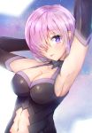  1girl arms_up blush breasts cleavage collarbone cute eyebrows_visible_through_hair facing_viewer fate/grand_order fate/stay_night fate_(series) hair_over_one_eye highres ippers large_breasts looking_at_viewer mash_kyrielight moe navel purple_hair shielder_(fate/grand_order) solo tongue tongue_out type-moon upper_body violet_eyes 