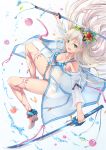  1girl aqua_eyes blush breasts cleavage collarbone dual_wielding flower fuuro_(johnsonwade) hair_flower hair_ornament holding holding_sword holding_weapon large_breasts long_hair open_mouth original sandals silver_hair smile solo sword weapon 
