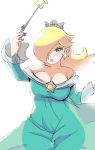  1girl aqua_eyes arm_up bare_shoulders blonde_hair blue_eyes blush breasts bright_background cleavage collarbone cowboy_shot crown dress earrings fingernails floating_hair hair_over_one_eye hand_up holding holding_wand jewelry large_breasts lipstick long_fingernails long_hair makeup super_mario_bros. nail_polish nm_qi off-shoulder_dress off_shoulder rosetta_(mario) silhouette smile solo star super_mario_bros. super_mario_galaxy wand 