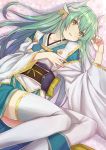  1girl aqua_hair bangs dragon_horns eyebrows_visible_through_hair fate/grand_order fate_(series) hair_ornament hand_on_own_chest highres horns japanese_clothes kimono kiyohime_(fate/grand_order) long_hair looking_at_viewer lying obi on_back open_mouth petals sash smile solo thigh-highs totika white_legwear yellow_eyes 