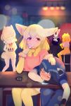  5girls ^_^ alpaca_ears alpaca_suri_(kemono_friends) alpaca_tail ancolatte_(onikuanco) animal_ears bar beige_legwear black_hair blonde_hair blush bow bowtie brown_eyes closed_eyes common_raccoon_(kemono_friends) counter cup drinking drinking_glass drooling drunk extra_ears facing_away fennec_(kemono_friends) fox_ears grey_hair grey_wolf_(kemono_friends) hair_over_one_eye half-closed_eyes hand_on_another&#039;s_head highres holding_glass indoors jaguar_(kemono_friends) japari_symbol kemono_friends looking_at_another multicolored_hair multiple_girls open_mouth pantyhose petting raccoon_ears saliva short_hair sitting sleeping smile table white_hair white_legwear wine_glass wolf_ears yellow_bow yellow_bowtie 
