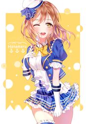  1girl absurdres blue_skirt blush brown_hair elbow_gloves gloves hat highres junpaku_karen kunikida_hanamaru looking_at_viewer love_live! love_live!_sunshine!! one_eye_closed open_mouth short_hair skirt smile solo teeth white_gloves white_hat yellow_eyes 