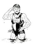  1boy adolf_hitler contrapposto dated dripping facial_hair goggles goggles_on_head hand_on_hip highres muscle mustache sadawo_ver3 school_swimsuit signature solo swimsuit wet 