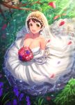  1girl :d alternate_costume apple_brk bare_shoulders bouquet breasts bridal_veil brown_eyes brown_hair bush choker cleavage collarbone dress earrings elbow_gloves falling_petals flower gloves holding holding_bouquet idolmaster idolmaster_cinderella_girls jewelry large_breasts long_dress looking_at_viewer oikawa_shizuku open_mouth outdoors partially_submerged petals pink_flower pink_rose purple_flower red_flower rose short_hair smile solo strapless strapless_dress stud_earrings sunlight veil wedding_dress white_dress white_gloves yellow_eyes 