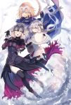  3girls :d ahoge armor armored_boots armored_dress bell black_gloves black_legwear blush boots braid cape capelet closed_eyes elbow_gloves eyebrows_visible_through_hair fate/apocrypha fate/grand_order fate_(series) fur_trim gauntlets gloves hair_ribbon hand_on_own_chest headpiece highres jeanne_alter jeanne_alter_(santa_lily)_(fate) legs_up long_hair looking_at_another multiple_girls open_mouth pom_pom_(clothes) ribbon ruler_(fate/apocrypha) short_hair smile star tare_nu_(usesase) thigh-highs triangle_mouth very_long_hair white_hair yellow_eyes 