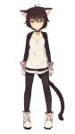  androgynous animal_ears bell bell_collar boots brown_hair cat_ears cat_tail collar commentary fang_out full_body gloves highres jingle_bell legs_apart long_sleeves looking_at_viewer original personification shone short_hair simple_background sketch solo tail white_background yellow_eyes 