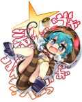  1girl animal_hood animal_print aqua_eyes aqua_hair bow covering covering_crotch full_body heavy_breathing highres hitsuji_bako hood japari_coin kemono_friends lying on_back open_mouth pink_bow simple_background slippers snake_tail solo sparkling_eyes tail tsuchinoko_(kemono_friends) wavy_mouth white_background 