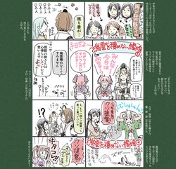  10s 6+girls akebono_(kantai_collection) arms_up blonde_hair bonjin braid brown_eyes brown_hair comic crown dress flower fur_trim green_eyes green_jacket hair_bobbles hair_flower hair_ornament headgear hyuuga_(kantai_collection) ise_(kantai_collection) jacket kantai_collection kunashiri_(kantai_collection) legs_crossed long_hair long_sleeves mini_crown multiple_girls nenohi_(kantai_collection) nontraditional_miko off-shoulder_dress off_shoulder open_mouth pink_eyes pink_hair pleated_skirt purple_hair sazanami_(kantai_collection) school_uniform shimushu_(kantai_collection) short_hair side_ponytail skirt smile suzuya_(kantai_collection) translation_request twintails two_side_up undershirt ushio_(kantai_collection) warspite_(kantai_collection) white_legwear 