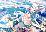  1girl :d alice_(wonderland) alice_(wonderland)_(cosplay) alice_in_wonderland animal_ears apron artist_name bangs blue_eyes blue_sky bow bowtie breasts clouds cosplay dress fake_animal_ears frilled_apron frilled_dress frills from_above gochuumon_wa_usagi_desu_ka? hair_ornament kafuu_chino long_hair looking_at_viewer mary_janes mokachino open_mouth outstretched_arm pantyhose rabbit_ears reflection shoes short_sleeves silver_hair sky small_breasts smile solo standing standing_on_liquid striped striped_bow striped_bowtie striped_legwear x_hair_ornament 