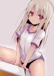  1girl commentary_request dutch_angle fate/stay_night fate_(series) grey_background gym_uniform illyasviel_von_einzbern long_hair looking_at_viewer red_eyes sen_(astronomy) simple_background smile solo straddling vaulting_horse white_hair 