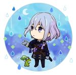  1boy chibi crescent_moon frog honebami_toushirou leaf male_focus military military_uniform moon necktie nomuo_(shiromi) rain sword touken_ranbu uniform violet_eyes wakizashi weapon white_hair 