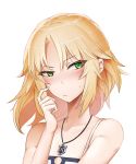  1girl bare_shoulders blonde_hair blush fate/grand_order fate_(series) green_eyes jewelry kengzeta long_hair looking_at_viewer pendant saber_of_red simple_background solo 