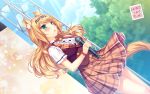  1girl animal_ears artist_name bell blonde_hair blue_sky blush bow bowtie brown_skirt cat_ears cat_tail clouds curly_hair day dutch_angle green_eyes hairband hands_together highres holding holding_microphone jingle_bell light_rays long_hair looking_away maple_(sayori) microphone nekopara official_art open_mouth outdoors plaid plaid_skirt sayori short_sleeves skirt sky slit_pupils solo sunbeam sunlight tail thighs tree wallpaper wrist_bow 