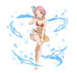  1girl ;q barefoot bikini breasts cleavage collarbone feet flower food full_body hair_flower hair_ornament hand_on_own_knee holding holding_food ice_cream leaning_forward lisbeth_(sao-alo) looking_at_viewer medium_breasts one_eye_closed pink_hair red_bikini red_eyes sarong see-through short_hair side-tie_bikini solo standing swimsuit sword_art_online toes tongue tongue_out transparent_background white_flower 