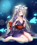  1girl absurdres ahoge akgotch barefoot blue_eyes blush breasts cleavage fish hairband highres japanese_clothes kimono legs long_hair looking_at_viewer medium_breasts obi rokudenashi_majutsu_koushi_to_akashic_record sash silver_hair sistine_fiber sitting wariza yukata 