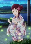  1girl alternate_hairstyle artist_request blush feet fireflies floral_print flower geta grass hair_bun hair_flower hair_ornament japanese_clothes kimono long_hair love_live! love_live!_school_idol_festival love_live!_sunshine!! mountain night night_sky official_art open_mouth outdoors redhead rose sakurauchi_riko sandals sky smile solo squatting star_(sky) starry_sky water yellow_eyes yukata 