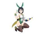  1girl animal_ears ankle_bow ankle_ribbon black_eyes black_hair bottle bow breasts brown_legwear green_hairband hair_ornament hairclip holding holding_bottle kirigaya_suguha large_breasts leotard looking_at_viewer one_eye_closed rabbit_ears ribbon short_hair sleeveless smile solo sword_art_online thigh-highs transparent_background wrist_cuffs yellow_bow 