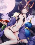  1girl breasts cherry_blossoms fate/grand_order fate_(series) full_moon gomano_rio gourd highres horns japanese_clothes looking_at_viewer moon oni oni_horns purple_hair short_hair shuten_douji_(fate/grand_order) small_breasts solo violet_eyes 