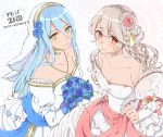  2girls aomeeso aqua_(fire_emblem_if) blue_hair blush cousins dress elbow_gloves female_my_unit_(fire_emblem_if) fire_emblem fire_emblem_heroes fire_emblem_if gloves hairband highres jewelry long_hair looking_at_viewer multiple_girls my_unit_(fire_emblem_if) pointy_ears red_eyes smile very_long_hair wedding_dress white_hair yellow_eyes 