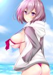  1girl ass bangs bikini bikini_under_clothes blush breasts clouds cloudy_sky commentary_request day fate/grand_order fate_(series) hair_between_eyes hands_in_pockets highres hood hoodie jacket large_breasts looking_at_viewer looking_to_the_side open_clothes open_jacket outdoors purple_hair sankakusui_(deltawhite) shielder_(fate/grand_order) shiny shiny_skin short_hair sideboob sky smile solo swimsuit violet_eyes 