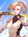  1girl adapted_costume blonde_hair blue_eyes blue_sky bodysuit breasts commentary day eyeliner fusion genji_(overwatch) glint hair_tie hand_on_hip high_ponytail highres holding holding_sword holding_weapon katana light_smile lips looking_at_viewer makeup medium_breasts mercy_(overwatch) nevoangelo_arm no_wings nose outdoors overwatch petals pink_lips shoulder_pads sky solo sword upper_body weapon 