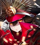  1girl adjusting_clothes adjusting_hat black_hair black_hat close-up demon_archer fate/grand_order fate_(series) gloves hair_between_eyes hat long_hair looking_at_viewer ming_(torga) red_eyes solo upper_body white_gloves 
