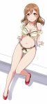  1girl adapted_costume armband bangs bare_legs blush bow bow_panties bra breasts brown_eyes brown_hair commentary_request eyebrows_visible_through_hair frilled_bra frills full_body hair_between_eyes high_heels highres kunikida_hanamaru long_hair looking_at_viewer love_live! love_live!_sunshine!! medium_breasts navel panties red_shoes shoes sitting smile solo torikoriko_please!! underwear underwear_only yopparai_oni 