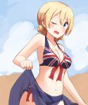  1girl blonde_hair blue_eyes blush breasts cleavage darjeeling eyebrows_visible_through_hair facing_viewer girls_und_panzer highres kapatarou looking_at_viewer medium_breasts navel one_eye_closed smile solo standing union_jack_bikini upper_body 