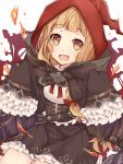  1girl bangs black_skirt brown_eyes brown_hair cloak corset eyebrows_visible_through_hair frills hands_in_sleeves hood little_red_riding_hood_(sinoalice) looking_at_viewer omuretsu open_mouth pleated_skirt sinoalice sitting skirt smile solo teeth wavy_hair 