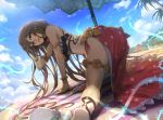  1girl adjusting_hair all_fours armlet bare_shoulders beach_umbrella bikini blue_eyes bracelet brown_hair clouds granblue_fantasy hat hat_removed headwear_removed highres jewelry kakage palm_tree plant rosetta_(granblue_fantasy) sarong sky solo swimsuit thigh_strap tree umbrella vines 