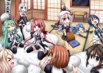  &gt;_&lt; 10s 6+girls :d ahoge black_gloves black_hair black_legwear bow braid brown_eyes brown_hair closed_eyes commentary_request detached_sleeves elbow_gloves futon gloves green_hair hair_bow hair_flaps hair_ornament hair_ribbon hairclip hanging_scroll harusame_(kantai_collection) holding kantai_collection kawakaze_(kantai_collection) long_hair low_ponytail low_twintails lying multiple_girls murasame_(kantai_collection) navel on_stomach open_mouth ouno_(nounai_disintegration) pillow pillow_fight pink_hair pleated_skirt redhead remodel_(kantai_collection) ribbon samidare_(kantai_collection) scarf school_uniform scroll serafuku shigure_(kantai_collection) shiratsuyu_(kantai_collection) short_hair side_ponytail silver_hair single_braid skirt sleepover sliding_doors smile suzukaze_(kantai_collection) sweat tatami thigh-highs translation_request twintails umikaze_(kantai_collection) xd yamakaze_(kantai_collection) yuudachi_(kantai_collection) zettai_ryouiki 